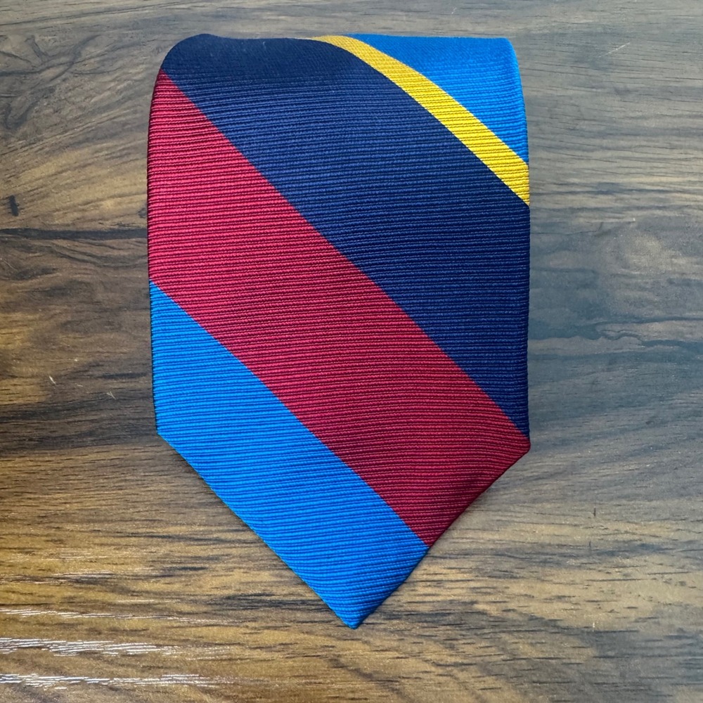 Rooster Mens Silk Tie Navy Burgundy Blue Yellow Regimental Stripe Made in USA